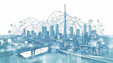 Obraz premium Futuristic smart city with digital communication network overlay