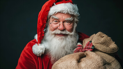 Naklejka premium Santa Claus with a bag of gifts. Winter postcard. Xmas. Happy New Year. Merry Christmas. Santa Claus walking with a full sack of Christmas gifts