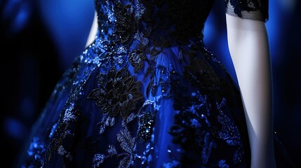 A stunning evening gown features intricate embroidery and embellishments, highlighted by soft lighting that enhances its exquisite blue tones during a glamorous fashion showcase