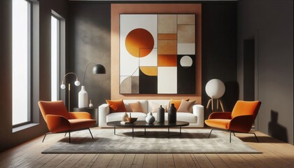 Modern minimalist living room, abstract art, warm color palette, orange armchair, white sofa, black coffee table, geometric shapes, natural light, wooden floor, textured rug, sleek floor lamp, ceramic