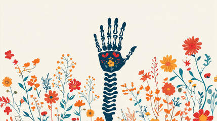 Naklejka premium A minimalist skeleton hand reaching up with floral patterns at the top, Background, Day of the Dead