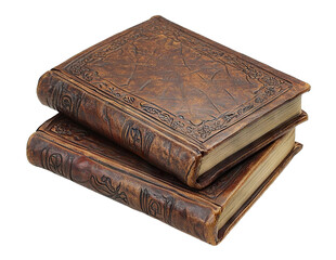 Obraz premium Two old embossed leather books, isolated on transparent cutout background