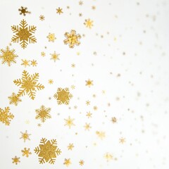 Snowflakes are golden on a white background, scattered, beautiful pattern on the windows from large to small