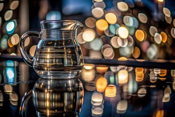 Glass Jug of Water Reflecting Orange Light on Reflective Surface for Urban Exploration Photography