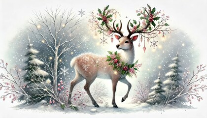 Watercolor illustration of an reindeer, a majestic stag with ornate antlers 