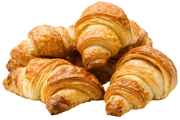 Fresh, flaky croissants stacked together, perfect for breakfast or pastry lovers, isolated on white background. isolated on transparent background.