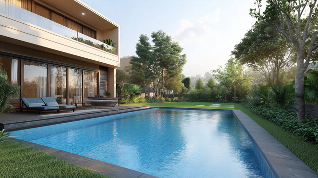 Elegancki basen umieszczony na zielonym, zadbanym trawniku przydomowym. Jego błękitna woda kontrastuje z soczystą zielenią otoczenia, tworząc piękną kompozycję.