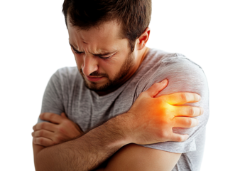 Close-up of man holding his shouder in pain, isolated on transparent cutout background