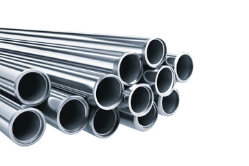 Metal pipes stacked together, showcasing industrial materials on a white isolated background. isolated on transparent background.