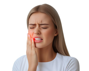 Fototapeta premium Young woman with toothache, isolated on transparent cutout background
