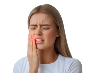 Young woman with toothache, isolated on transparent cutout background
