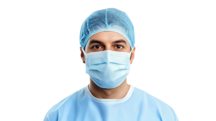 Confident male surgeon in medical mask and scrubs, isolated on transparent cutout background
