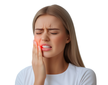 Young woman with toothache, isolated on transparent cutout background