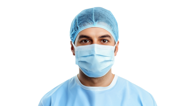 Confident male surgeon in medical mask and scrubs, isolated on transparent cutout background