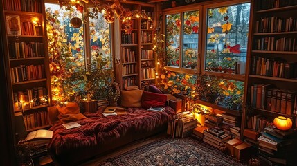 Obraz premium A cozy library with warm lighting, filled with books and autumn decorations.