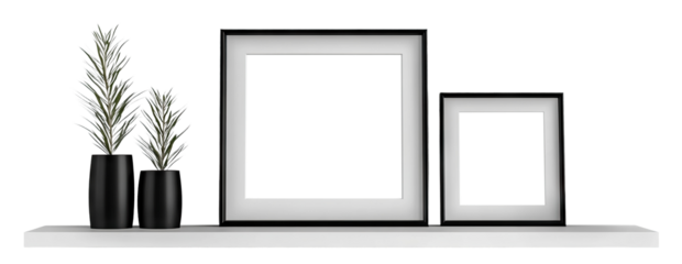Minimalistic shelf with two empty frames and plants in vases, isolated on transparent cutout