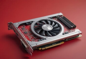 A radeon graphics card that features a distinctive red fan design