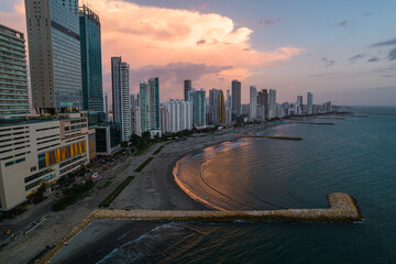 Naklejka premium Beautiful aerial view of Bocagrande Hotel area in the upmarket area popular for its long, sandy beaches backed by palm-lined promenades0 Cartagena Colombia
