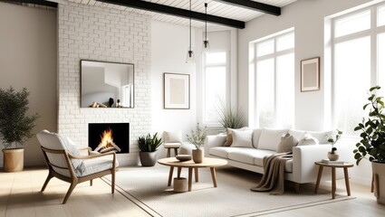 Fototapeta premium Cozy modern living room, minimalist Scandinavian design, white brick walls, large windows, natural light, fireplace with stacked firewood, comfortable white sofa, wooden armchair, round wooden coffee 