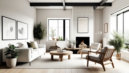 Fototapeta premium Cozy modern living room, minimalist Scandinavian design, white brick walls, large windows, natural light, fireplace with stacked firewood, comfortable white sofa, wooden armchair, round wooden coffee 