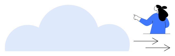 Large cloud with person pointing at it while two arrows move toward the cloud. Ideal for technology data storage cloud computing IT solutions digital transformation. Modern minimalist vector style