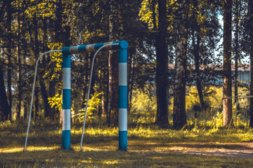 Fototapeta premium There is a blue and white soccer goal positioned in the middle of a dense forest