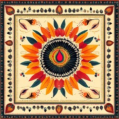 Symmetrical folk art design featuring elegant floral pattern and madhubani style image