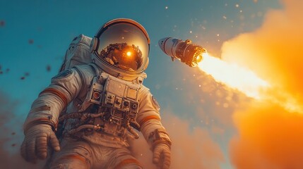 Fototapeta premium An astronaut stands amidst clouds as a rocket launches into space, symbolizing exploration.