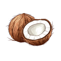 Whole and half brown coconuts with white inner flesh, isolated on a clean background. isolated on transparent background.