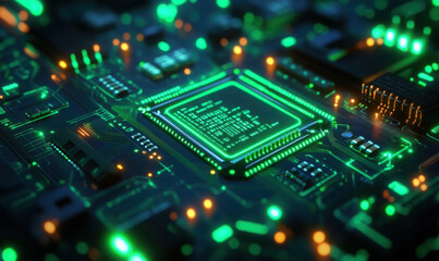 Fototapeta premium Blue and green abstract electronic PCB (Printed Circuit Board) background with 3D illustration.