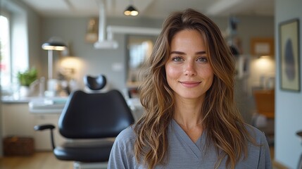 Obraz premium A young woman smiles confidently in a modern dental office during a routine check-up appointment in a bright, inviting environment