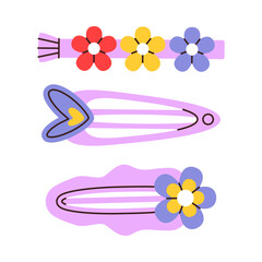 Set of cute simple kid hair clip. Vector hand drawn flat illustration.