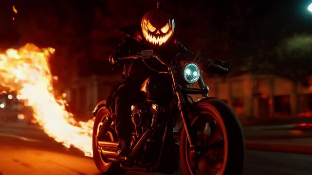 Fiery Jack-O-Lantern-Headed Rider on Roaring Motorcycle: Flames and Bats in Dark, Intense Night Scene
