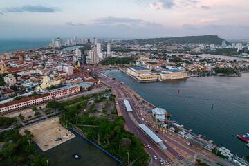 Fototapeta premium Beautiful aerial view of Bocagrande Hotel area in the upmarket area popular for its long, sandy beaches backed by palm-lined promenades0 Cartagena Colombia