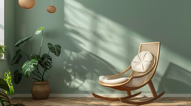 A baby rocker swaying made of oak in the room calming green tint