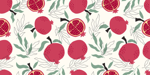 Seamless pattern for summer textiles and fabric with juicy pomegranates. Vector design with red pomegranate and leaves. Hand drawn background with abstract fruits.