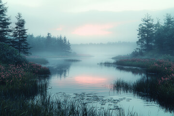 Fototapeta premium A peaceful lake at dawn, showing nature in its untouched state. Concept of serenity.