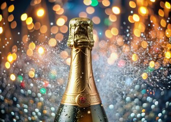 Golden Sparkling Champagne Bottle in Splash Motion with Bokeh Lights for Celebrations