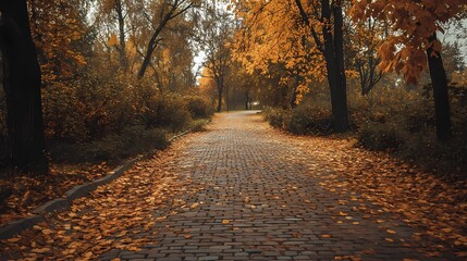 a quiet trail in a fall forest covered with colorful leaves, capturing the warmth and tranquility of autumn, ideal for serene backgrounds