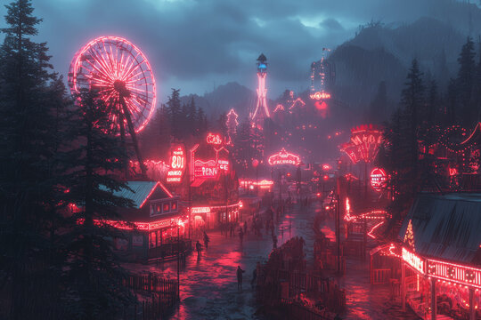 A haunted carnival with eerie rides and creepy clowns, providing thrills and chills. Concept of entertainment.