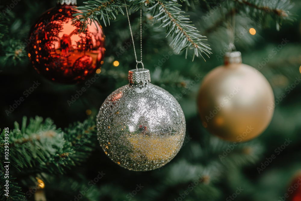 Wall mural glittering red and gold ornaments hanging on a lush christmas tree adorned with warm lights