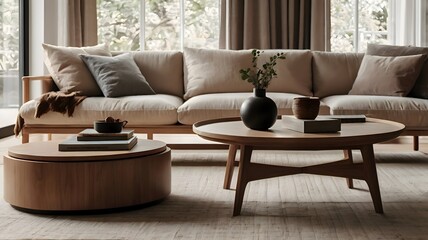 Fototapeta premium Round wooden coffee table surrounded by a minimalist beige sectional. Scandinavian-inspired modern living room design. 