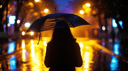 Silhouette of a Person Holding an Umbrella in the Rain on a City Street at Night