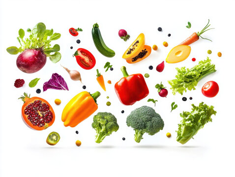 Colorful array of fresh fruits and veggies displayed on a bright white background
