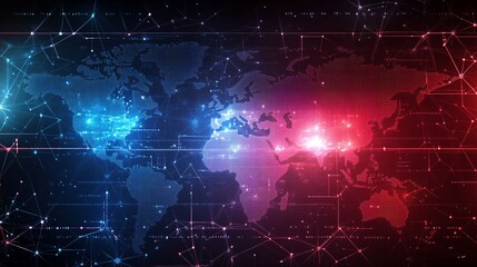 Digital World Map with Network Connections and Glowing Nodes