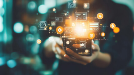 Exploring digital finance innovations with a smartphone in a modern urban environment at night