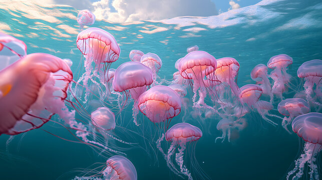 A huge number of pink jellyfish in the open ocean. - Powered by Adobe