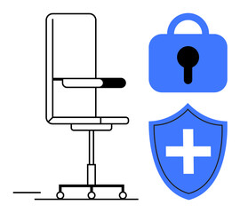 Obraz premium Office chair accompanied by lock and shield with a cross icons. Ideal for security, healthcare, workplace safety, office ergonomics, and data protection themes. Simple and modern style