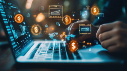 Fototapeta premium Exploring digital finance through dynamic graphs and currency symbols on a laptop at dusk