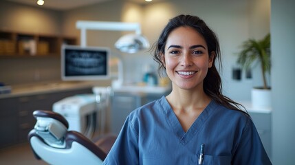 Fototapeta premium A smiling dental professional in scrubs stands in a modern clinic, ready to assist patients with dental care